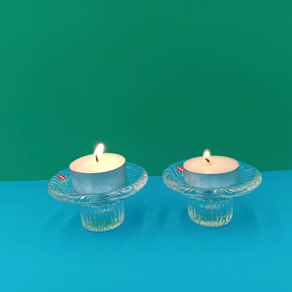 Set of 2 VTG 1980s Iitala Finland "Poppa" Clear Glass Crystal Candle Holders - Picture 2 of 11